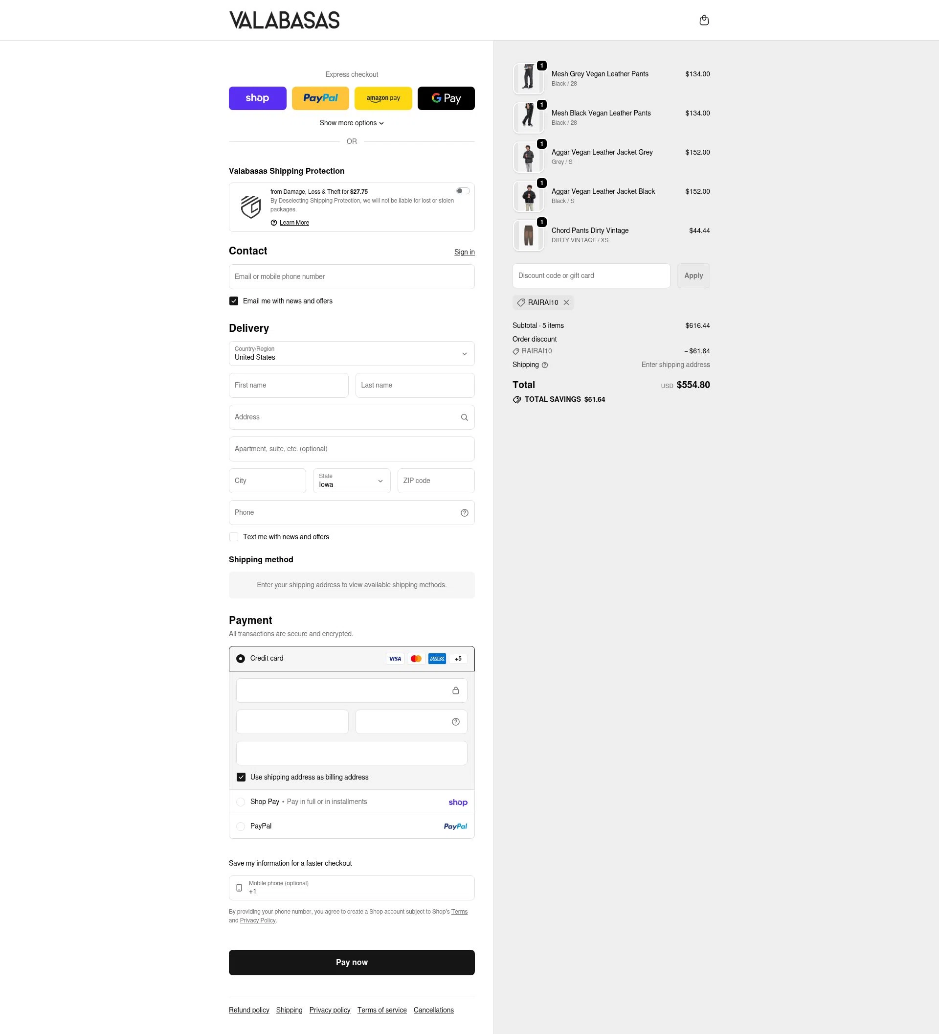 Valabasas Denim checkout page showing Valabasas Denim promo code box | Screenshot taken by SimplyCodes community member on Feb 21, 2026