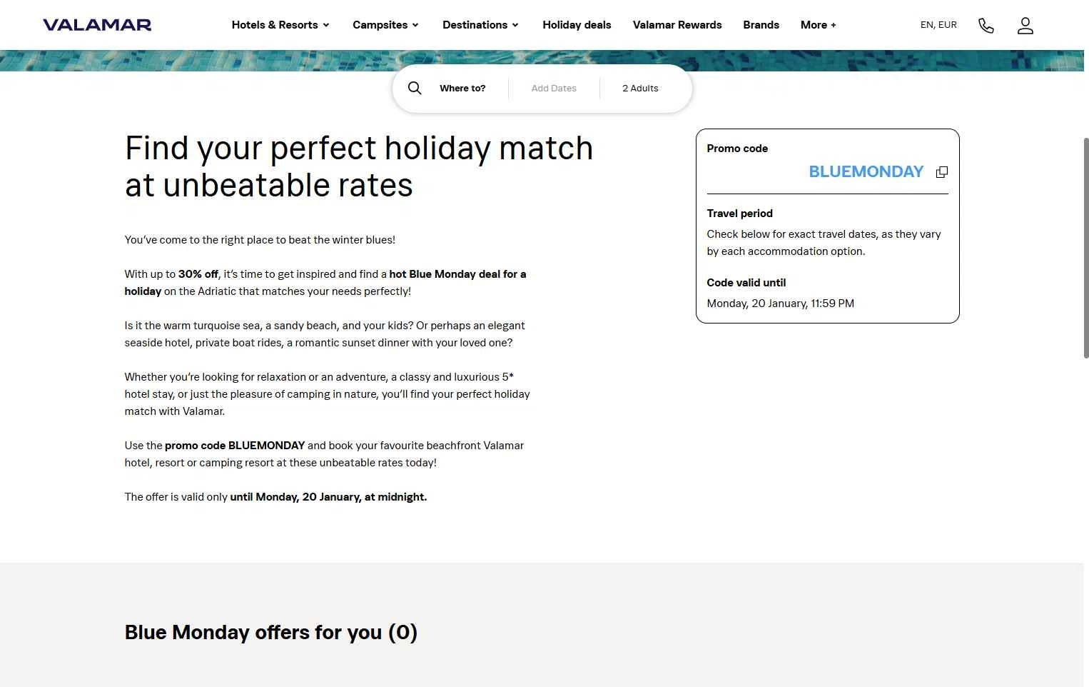 Valamar Hotels & Resorts checkout page showing Valamar Hotels & Resorts promo code box | Screenshot taken by SimplyCodes community member on Jul 17, 2025