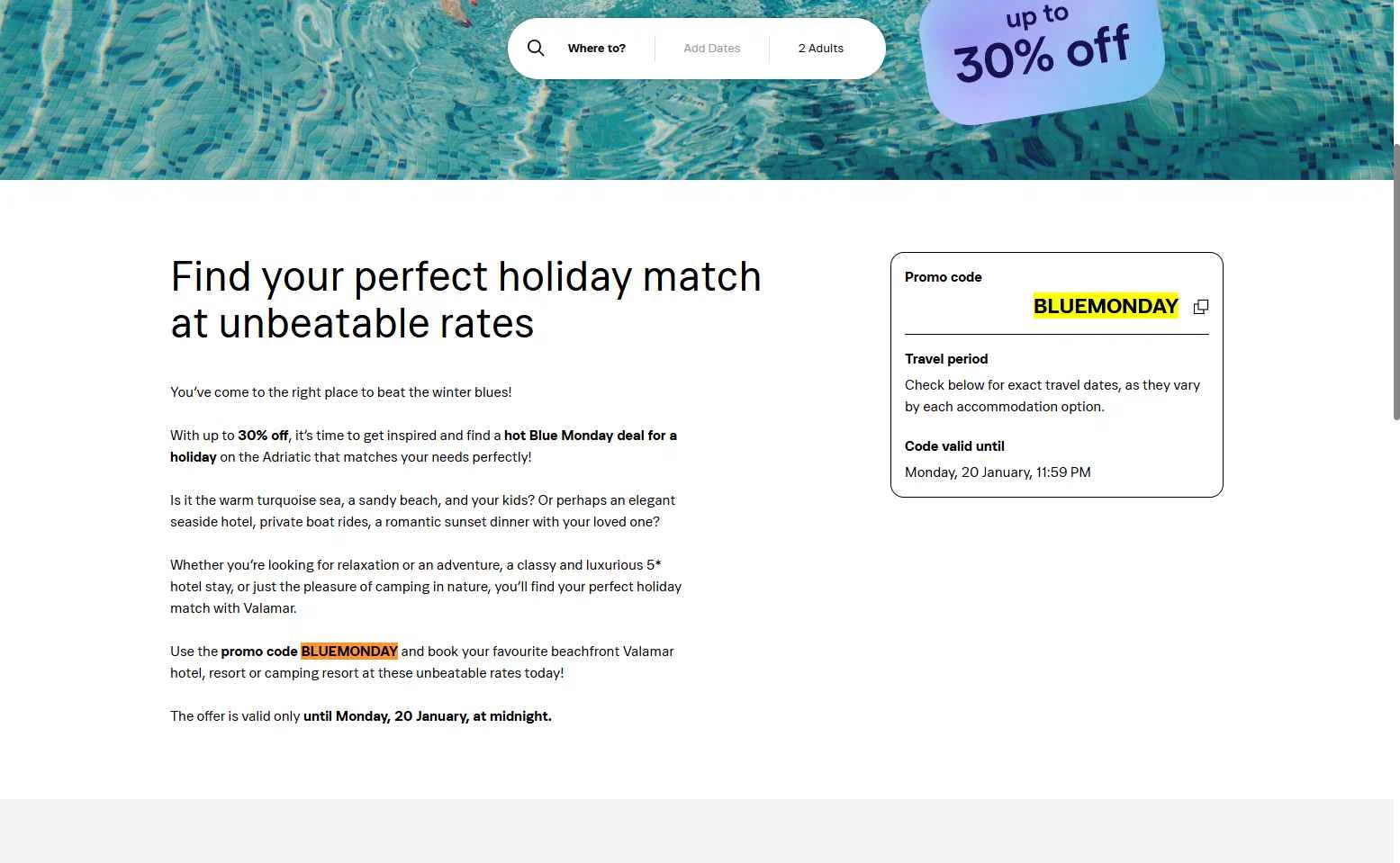 Valamar Hotels & Resorts checkout page showing Valamar Hotels & Resorts promo code box | Screenshot taken by SimplyCodes community member on Aug 14, 2025