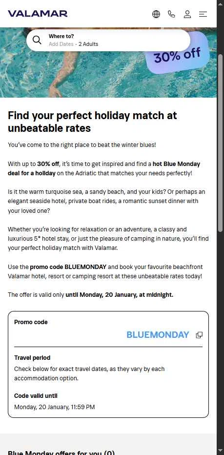 Valamar Hotels & Resorts checkout page showing Valamar Hotels & Resorts promo code box | Screenshot taken by SimplyCodes community member on Aug 5, 2025