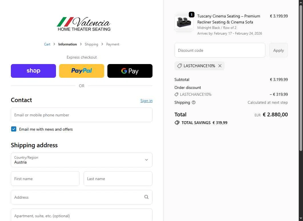 Valencia Theater Seating checkout page showing Valencia Theater Seating discount code box | Screenshot taken by SimplyCodes community member on Feb 3, 2026