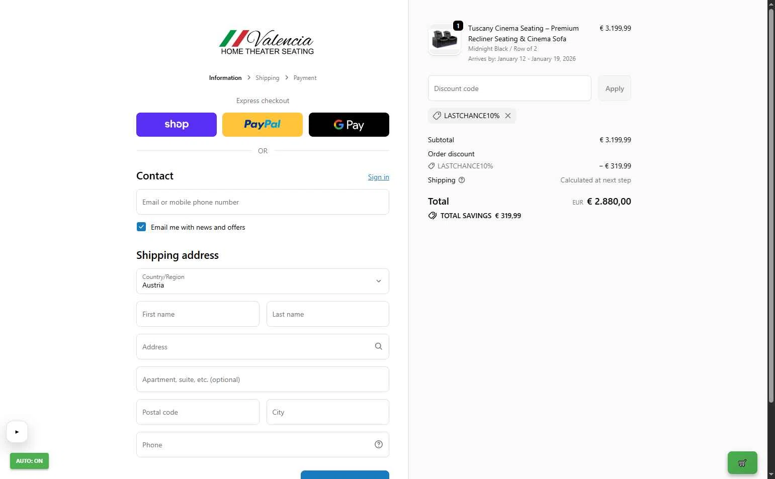 Valencia Theater Seating checkout page showing Valencia Theater Seating discount code box | Screenshot taken by SimplyCodes community member on Dec 29, 2025