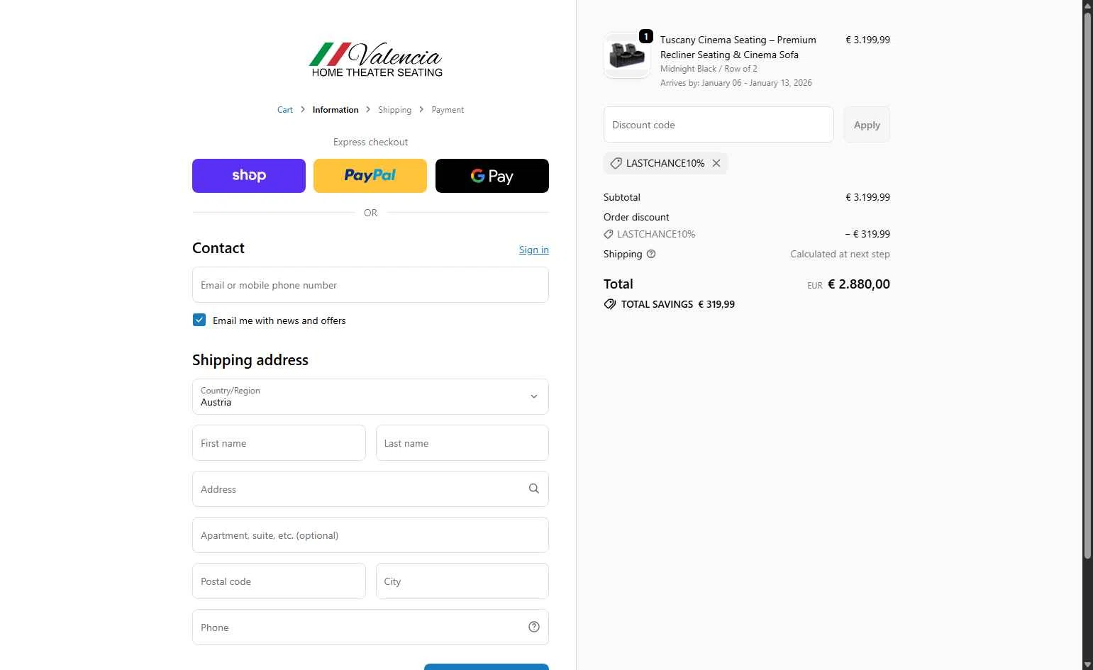 Valencia Theater Seating checkout page showing Valencia Theater Seating discount code box | Screenshot taken by SimplyCodes community member on Dec 23, 2025