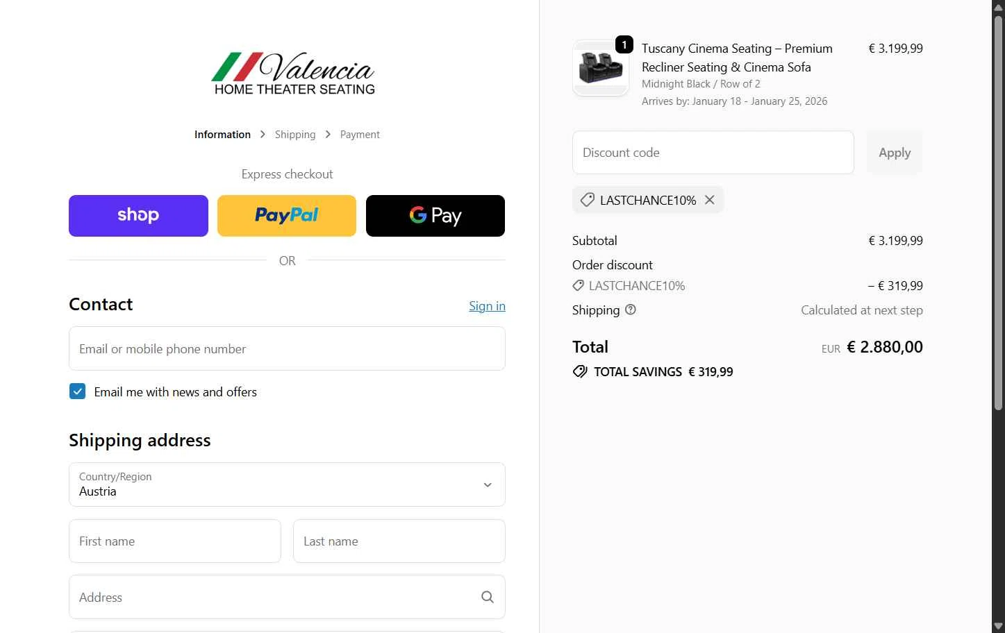 Valencia Theater Seating checkout page showing Valencia Theater Seating discount code box | Screenshot taken by SimplyCodes community member on Jan 4, 2026