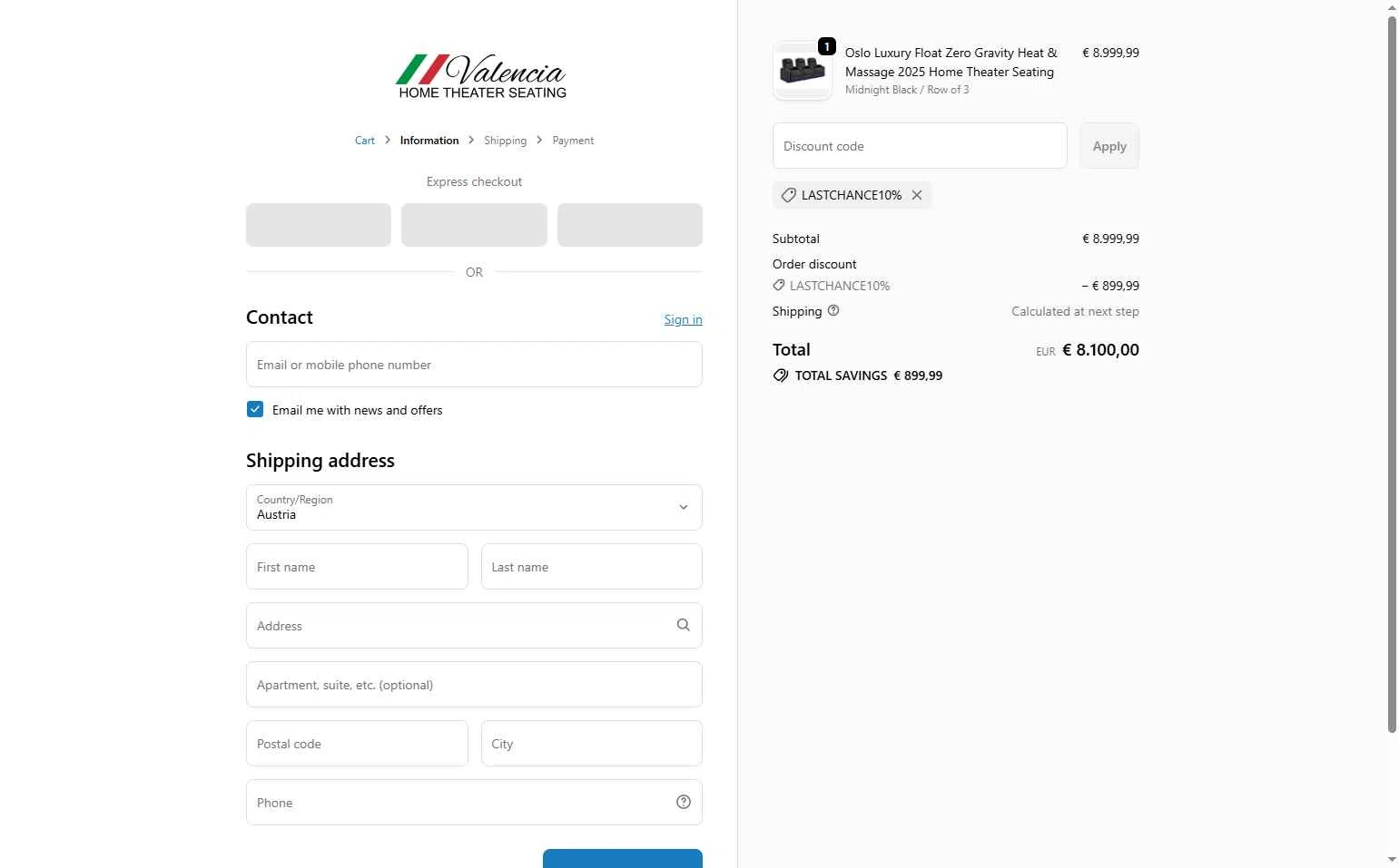 Valencia Theater Seating checkout page showing Valencia Theater Seating discount code box | Screenshot taken by SimplyCodes community member on Dec 17, 2025