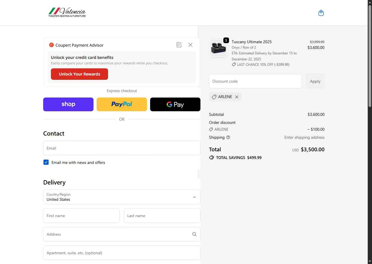 Valencia Theater Seating checkout page showing Valencia Theater Seating discount code box | Screenshot taken by SimplyCodes community member on Dec 8, 2025