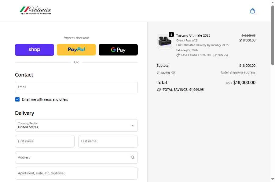 Valencia Theater Seating checkout page showing Valencia Theater Seating discount code box | Screenshot taken by SimplyCodes community member on Jan 22, 2026
