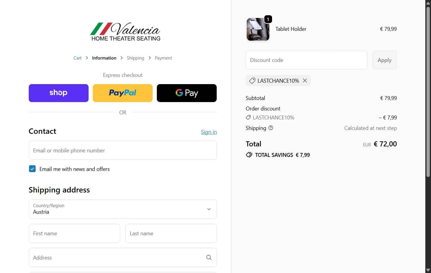 Valencia Theater Seating checkout page showing Valencia Theater Seating discount code box | Screenshot taken by SimplyCodes community member on Jan 28, 2026
