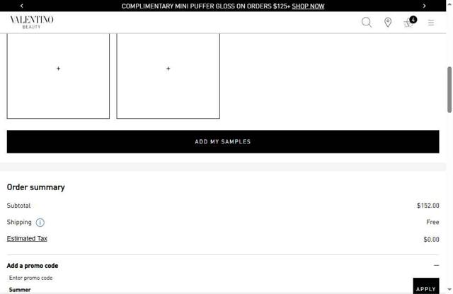 Valentino Beauty checkout page showing Valentino Beauty promo code box | Screenshot taken by SimplyCodes community member on May 22, 2025