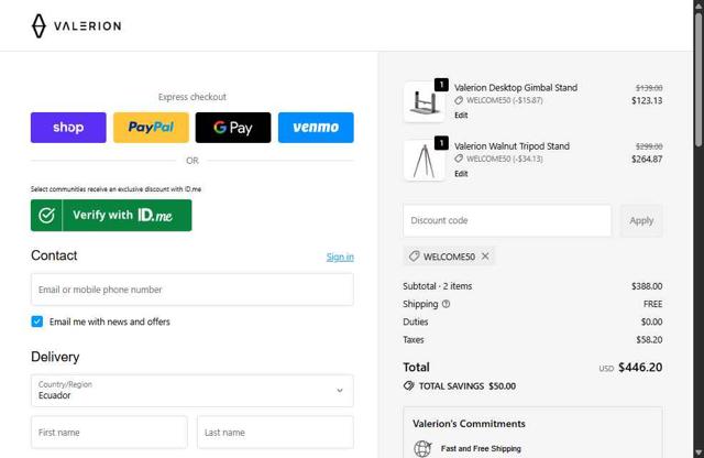 Valerion checkout page showing Valerion discount code box | Screenshot taken by SimplyCodes community member on Oct 7, 2025