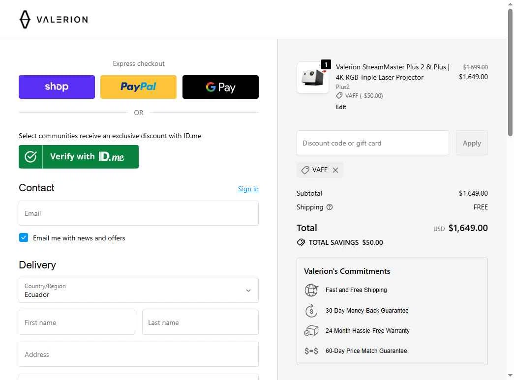 Valerion checkout page showing Valerion discount code box | Screenshot taken by SimplyCodes community member on Feb 13, 2026