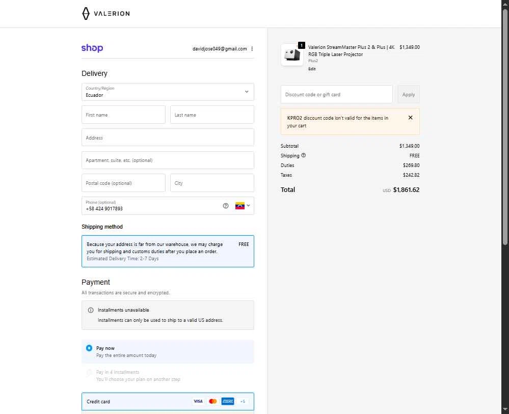 Valerion checkout page showing Valerion discount code box | Screenshot taken by SimplyCodes community member on Jan 1, 2026