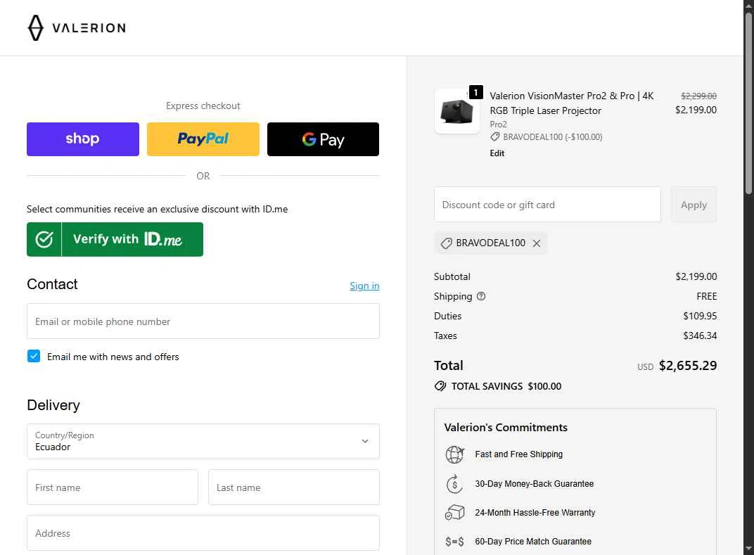 Valerion checkout page showing Valerion discount code box | Screenshot taken by SimplyCodes community member on Nov 19, 2025