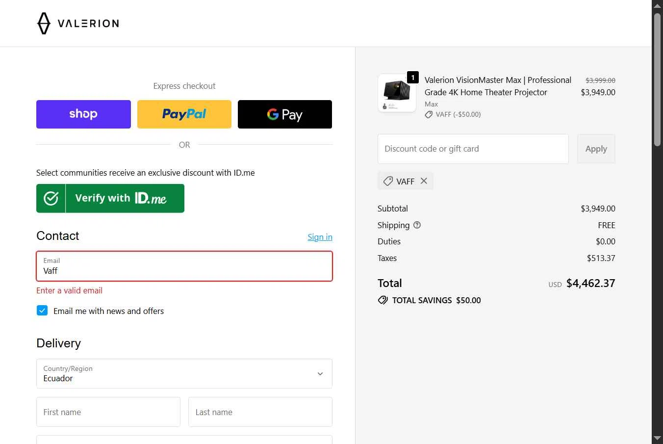 Valerion checkout page showing Valerion discount code box | Screenshot taken by SimplyCodes community member on Jan 27, 2026