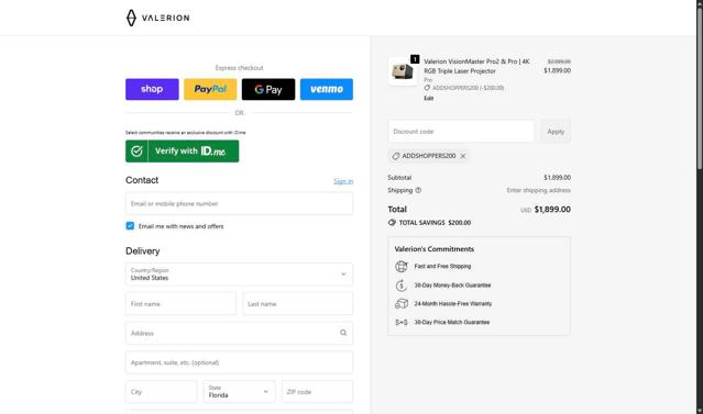 Valerion checkout page showing Valerion discount code box | Screenshot taken by SimplyCodes community member on Oct 7, 2025