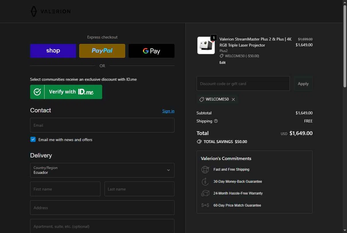 Valerion checkout page showing Valerion discount code box | Screenshot taken by SimplyCodes community member on Feb 19, 2026