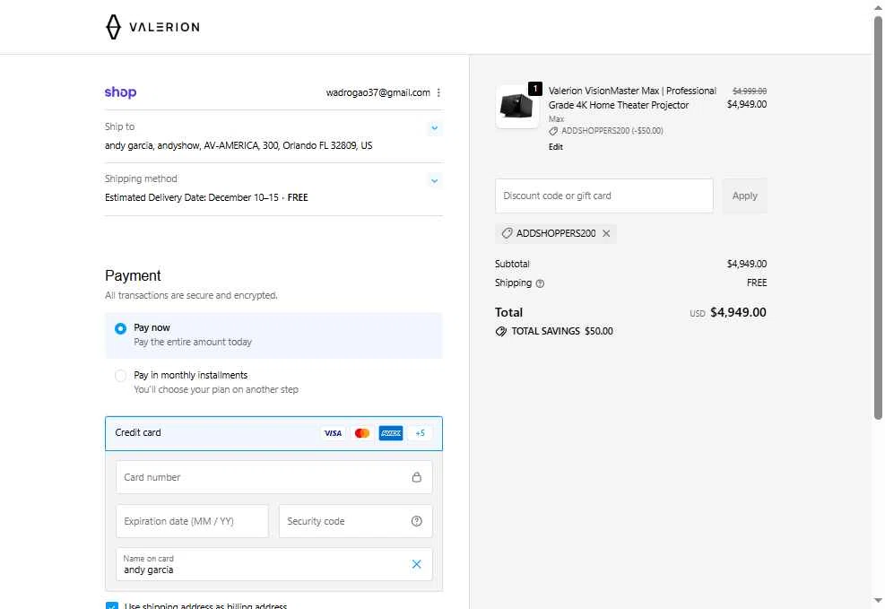 Valerion checkout page showing Valerion discount code box | Screenshot taken by SimplyCodes community member on Dec 3, 2025