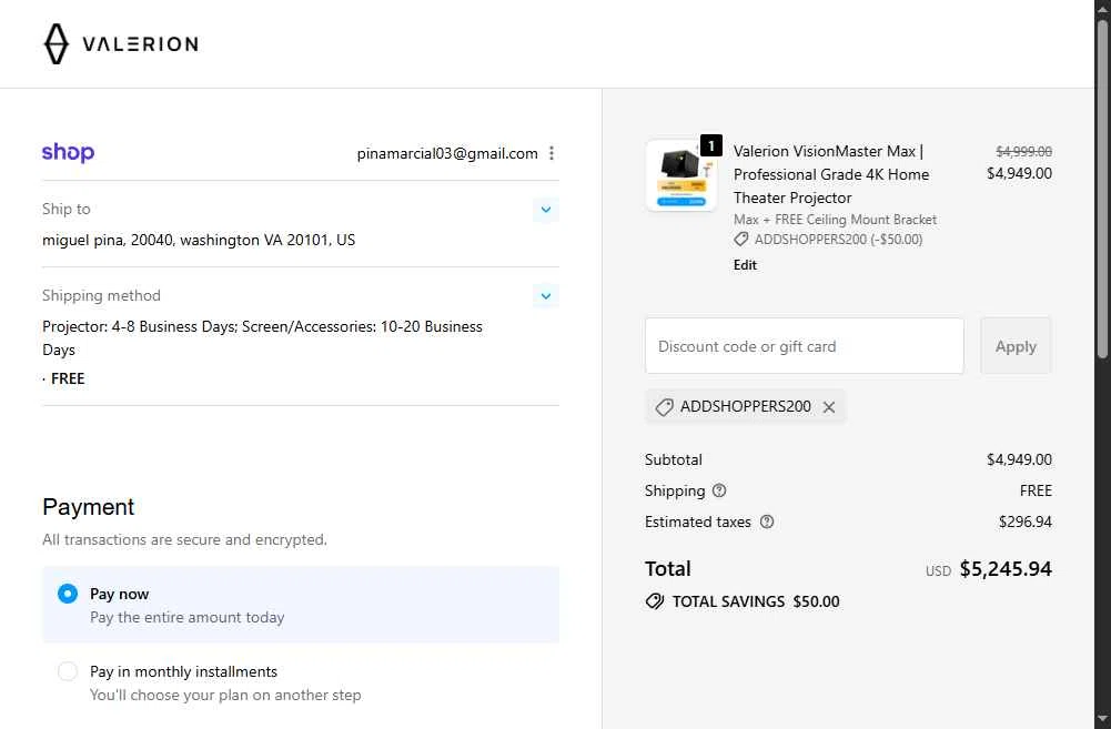 Valerion checkout page showing Valerion discount code box | Screenshot taken by SimplyCodes community member on Nov 25, 2025