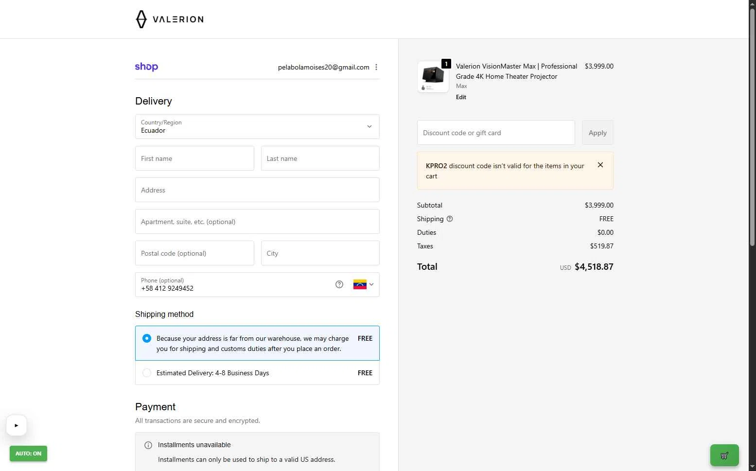 Valerion checkout page showing Valerion discount code box | Screenshot taken by SimplyCodes community member on Jan 28, 2026
