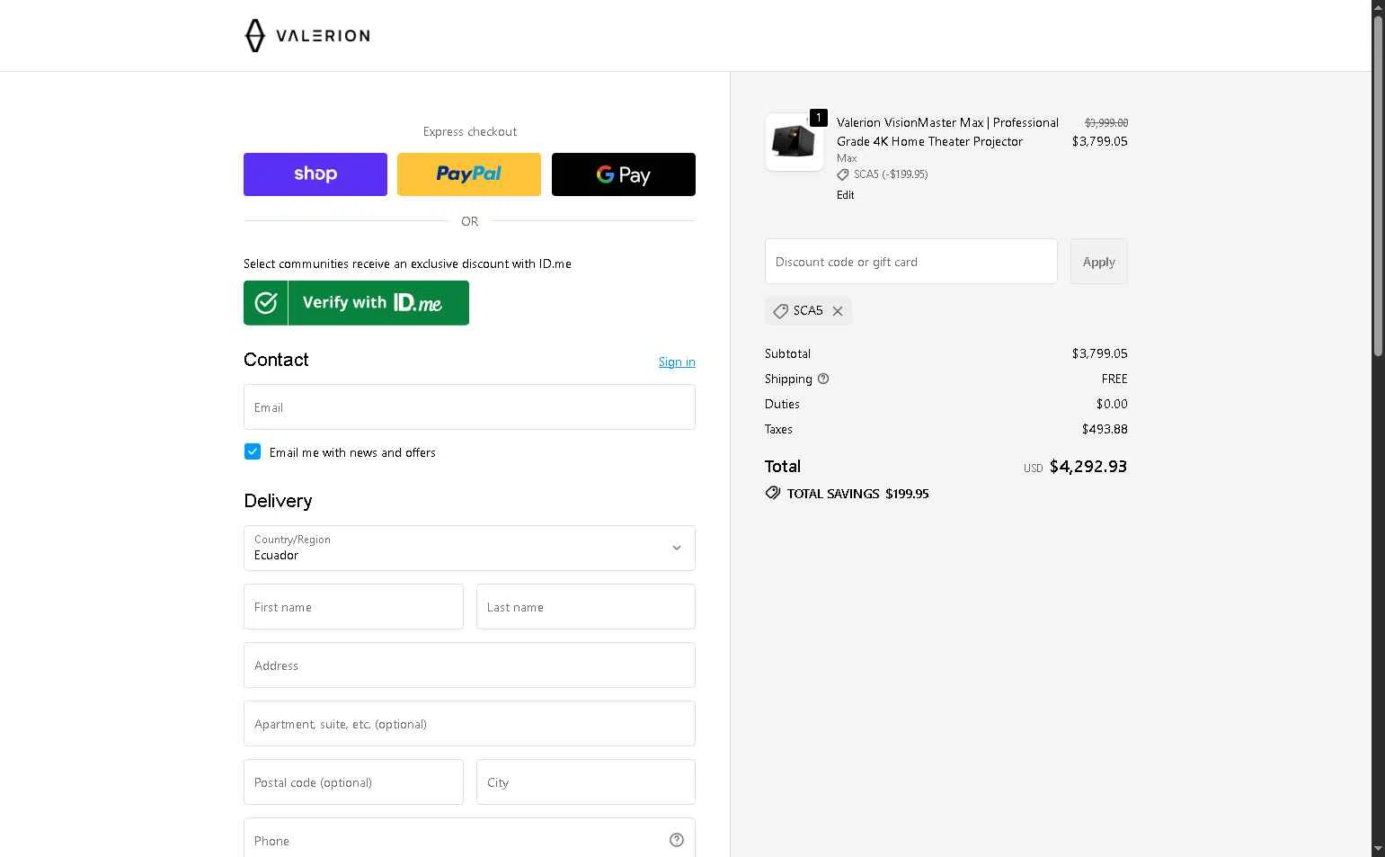Valerion checkout page showing Valerion discount code box | Screenshot taken by SimplyCodes community member on Jan 9, 2026