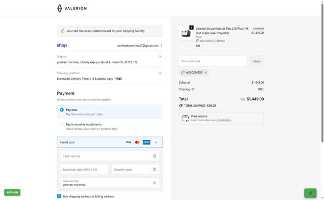 Valerion checkout page showing Valerion discount code box | Screenshot taken by SimplyCodes community member on Sep 28, 2025