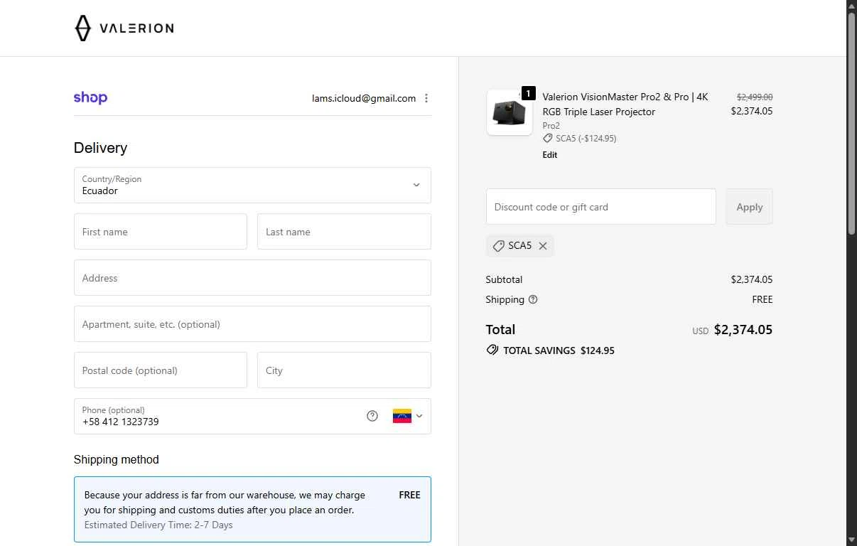 Valerion checkout page showing Valerion discount code box | Screenshot taken by SimplyCodes community member on Dec 29, 2025