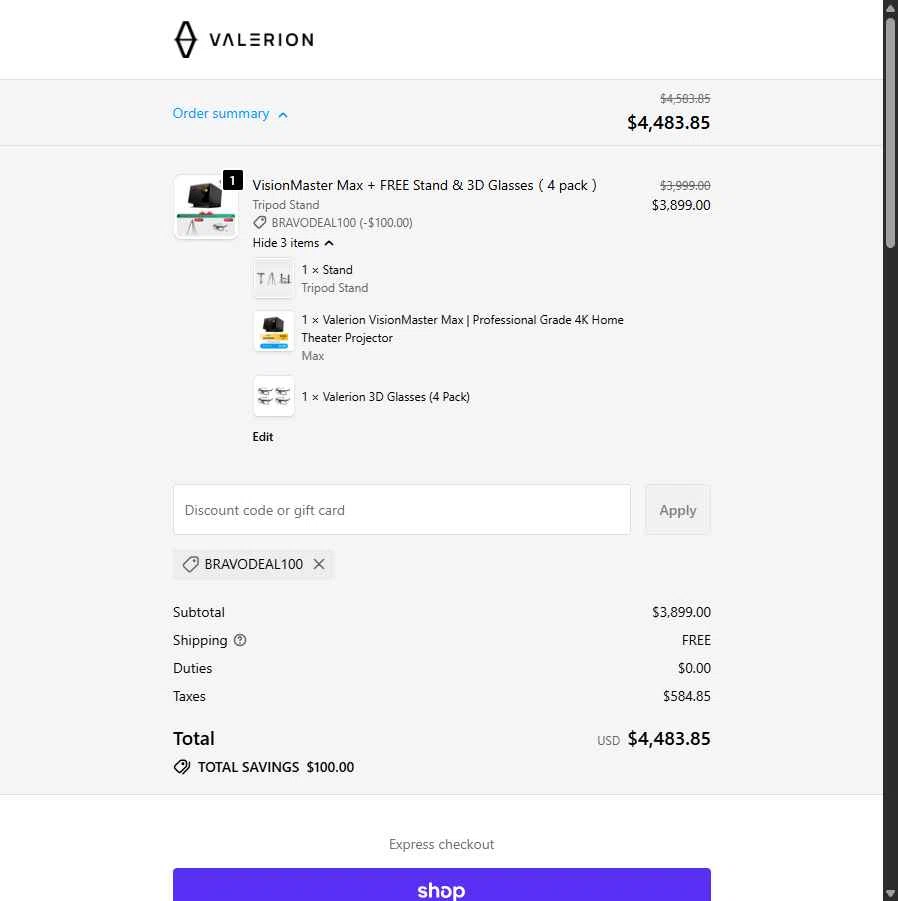 Valerion checkout page showing Valerion discount code box | Screenshot taken by SimplyCodes community member on Dec 29, 2025