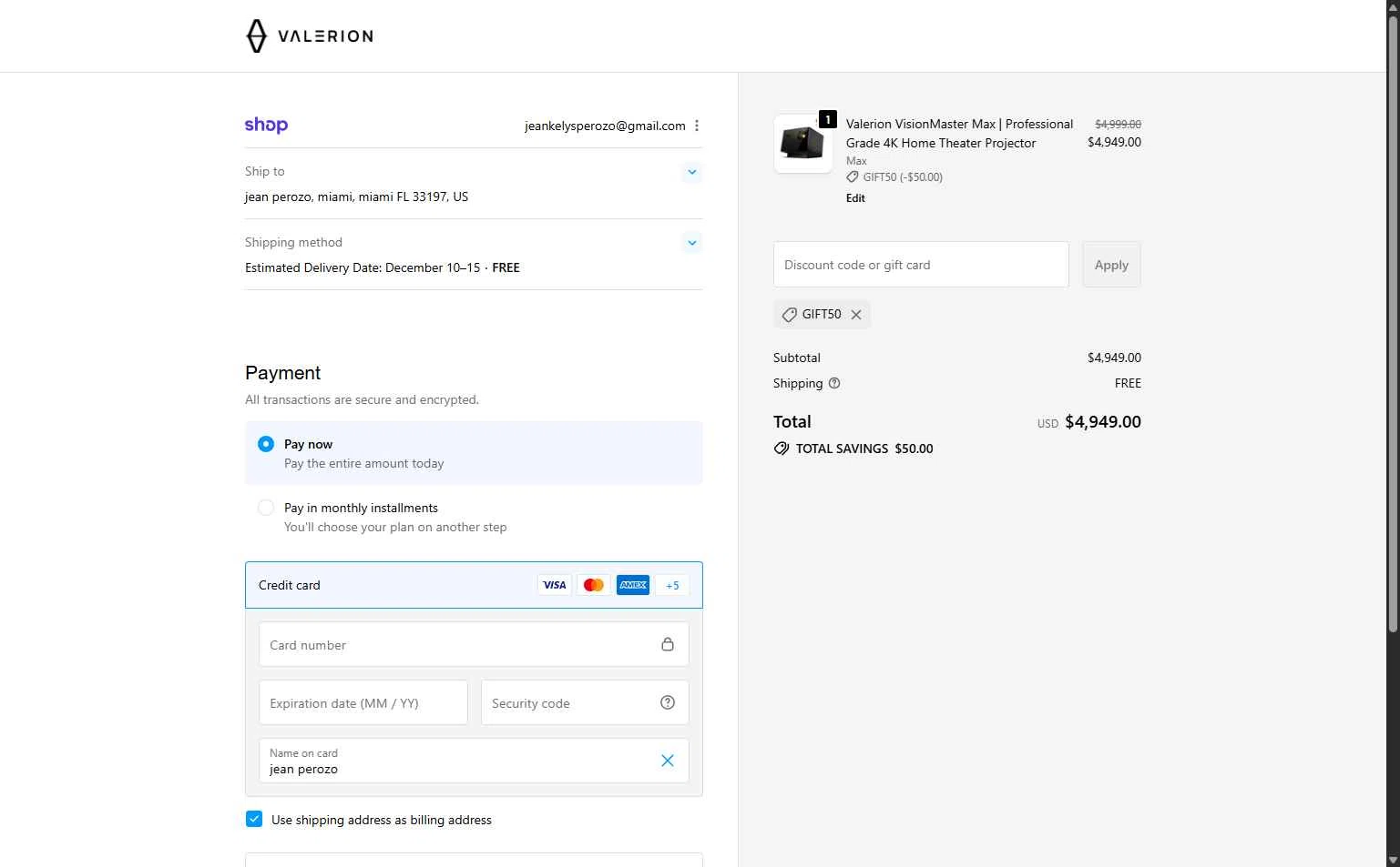Valerion checkout page showing Valerion discount code box | Screenshot taken by SimplyCodes community member on Dec 4, 2025