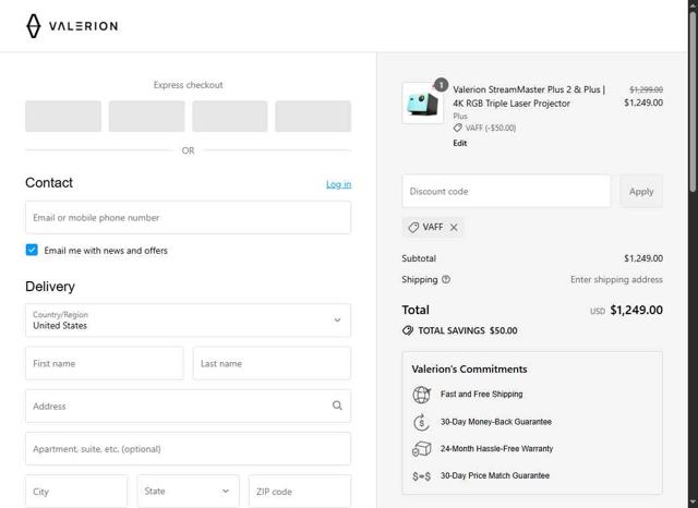 Valerion checkout page showing Valerion discount code box | Screenshot taken by SimplyCodes community member on Aug 13, 2025