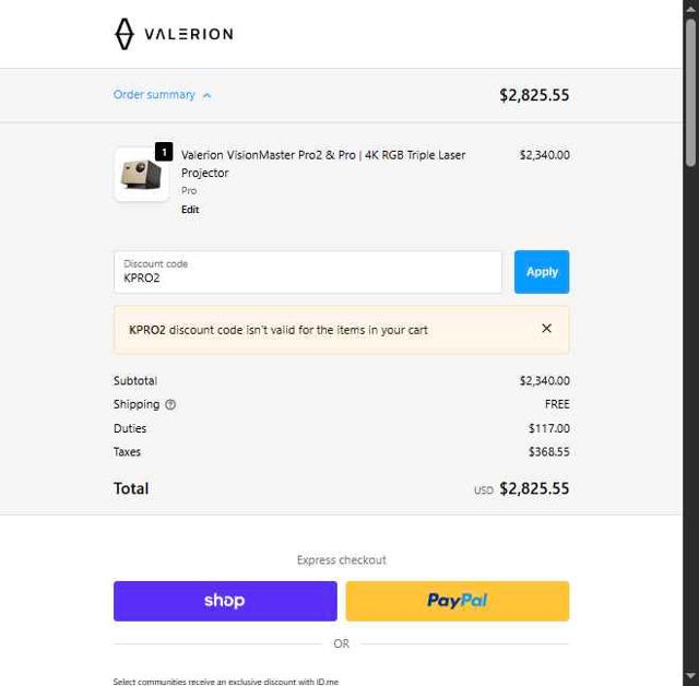 Valerion checkout page showing Valerion discount code box | Screenshot taken by SimplyCodes community member on Oct 2, 2025