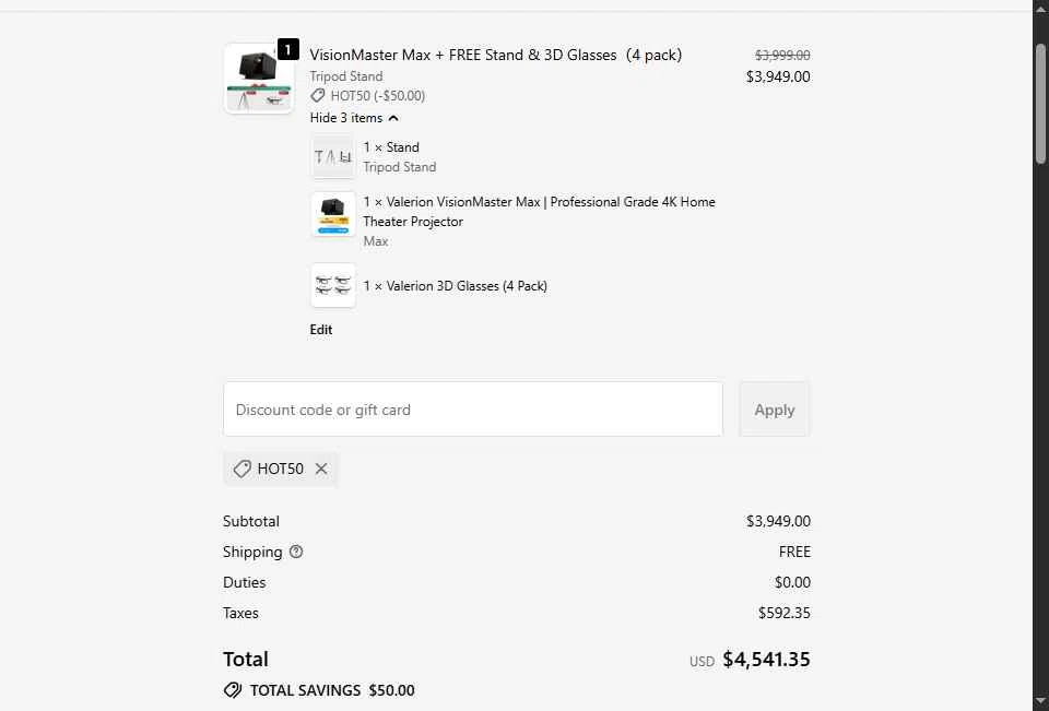 Valerion checkout page showing Valerion discount code box | Screenshot taken by SimplyCodes community member on Dec 18, 2025