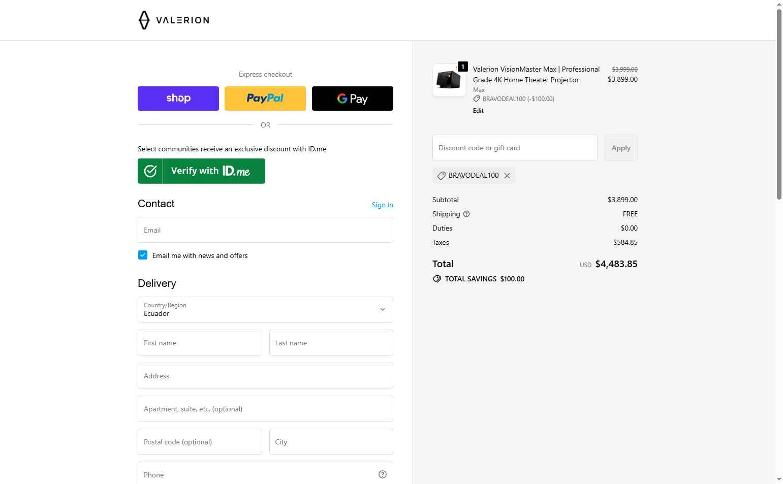 Valerion checkout page showing Valerion discount code box | Screenshot taken by SimplyCodes community member on Jan 6, 2026