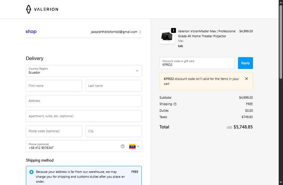 Valerion checkout page showing Valerion discount code box | Screenshot taken by SimplyCodes community member on Dec 3, 2025
