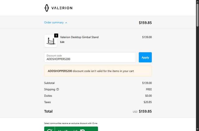 Valerion checkout page showing Valerion discount code box | Screenshot taken by SimplyCodes community member on Sep 27, 2025
