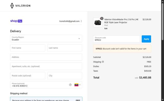 Valerion checkout page showing Valerion discount code box | Screenshot taken by SimplyCodes community member on Aug 23, 2025