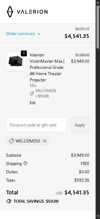 Valerion checkout page showing Valerion discount code box | Screenshot taken by SimplyCodes community member on Jan 2, 2026