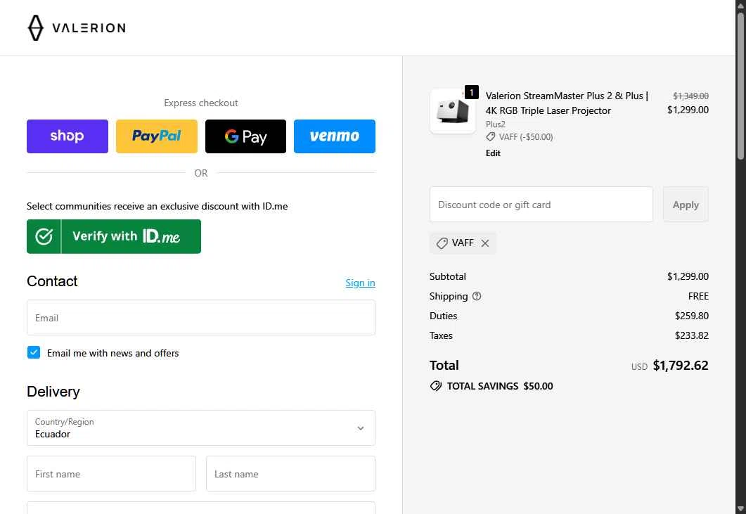 Valerion checkout page showing Valerion discount code box | Screenshot taken by SimplyCodes community member on Dec 29, 2025