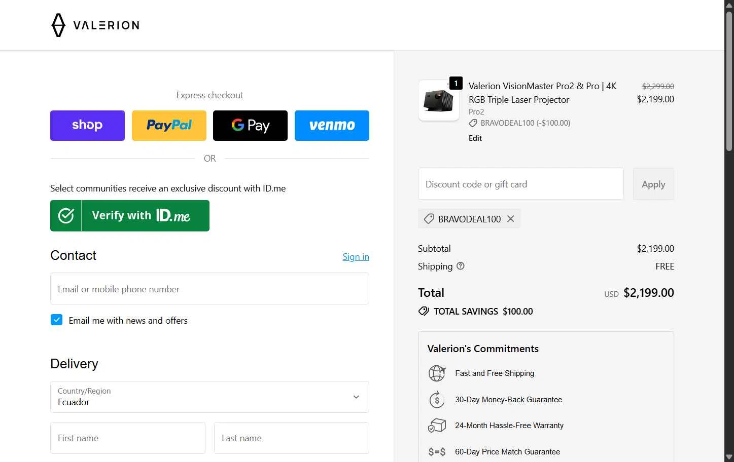 Valerion checkout page showing Valerion discount code box | Screenshot taken by SimplyCodes community member on Nov 23, 2025