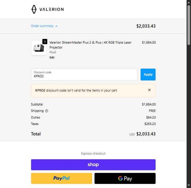 Valerion checkout page showing Valerion discount code box | Screenshot taken by SimplyCodes community member on Oct 2, 2025