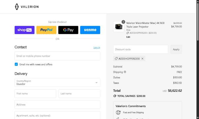Valerion checkout page showing Valerion discount code box | Screenshot taken by SimplyCodes community member on Jul 26, 2025