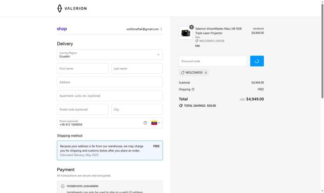 Valerion checkout page showing Valerion discount code box | Screenshot taken by SimplyCodes community member on Aug 30, 2025