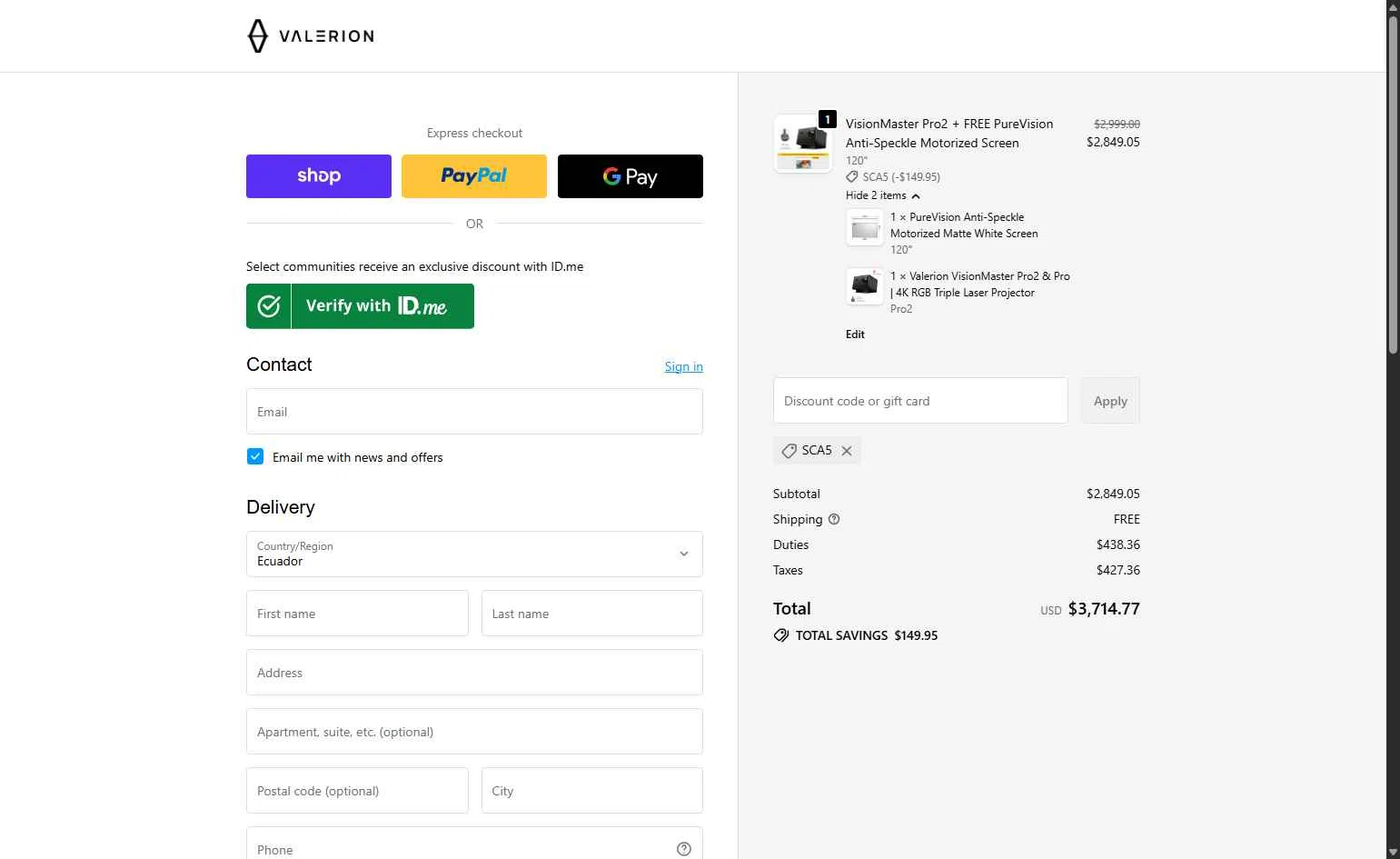 Valerion checkout page showing Valerion discount code box | Screenshot taken by SimplyCodes community member on Jan 20, 2026