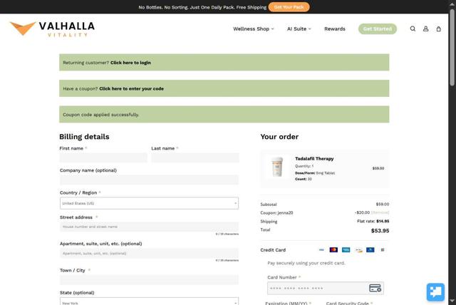Valhalla Vitality checkout page showing Valhalla Vitality coupon code box | Screenshot taken by SimplyCodes community member on Sep 7, 2025