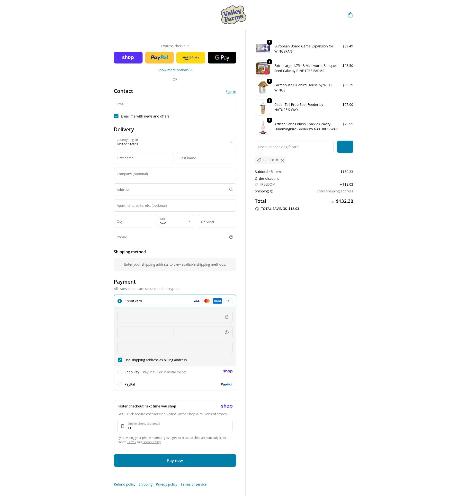 Valley Farms checkout page showing Valley Farms promo code box | Screenshot taken by SimplyCodes community member on Jan 17, 2026