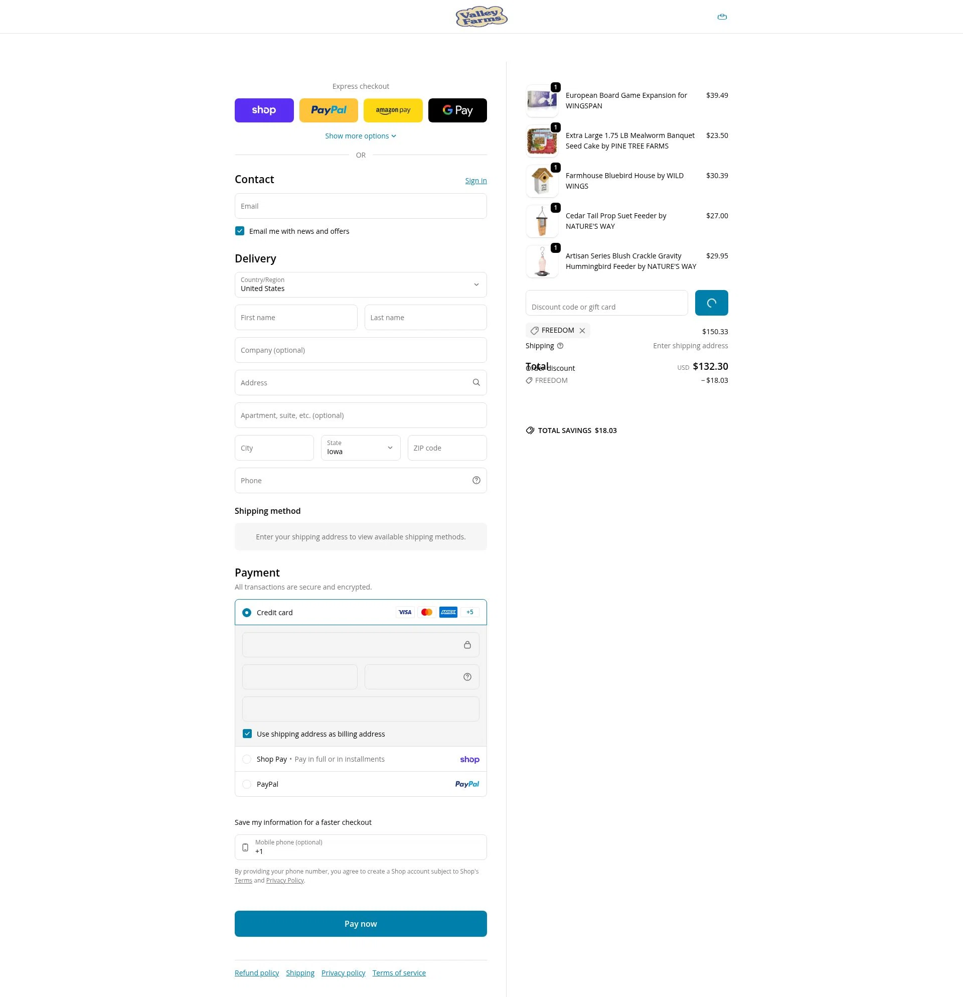 Valley Farms checkout page showing Valley Farms promo code box | Screenshot taken by SimplyCodes community member on Jan 31, 2026