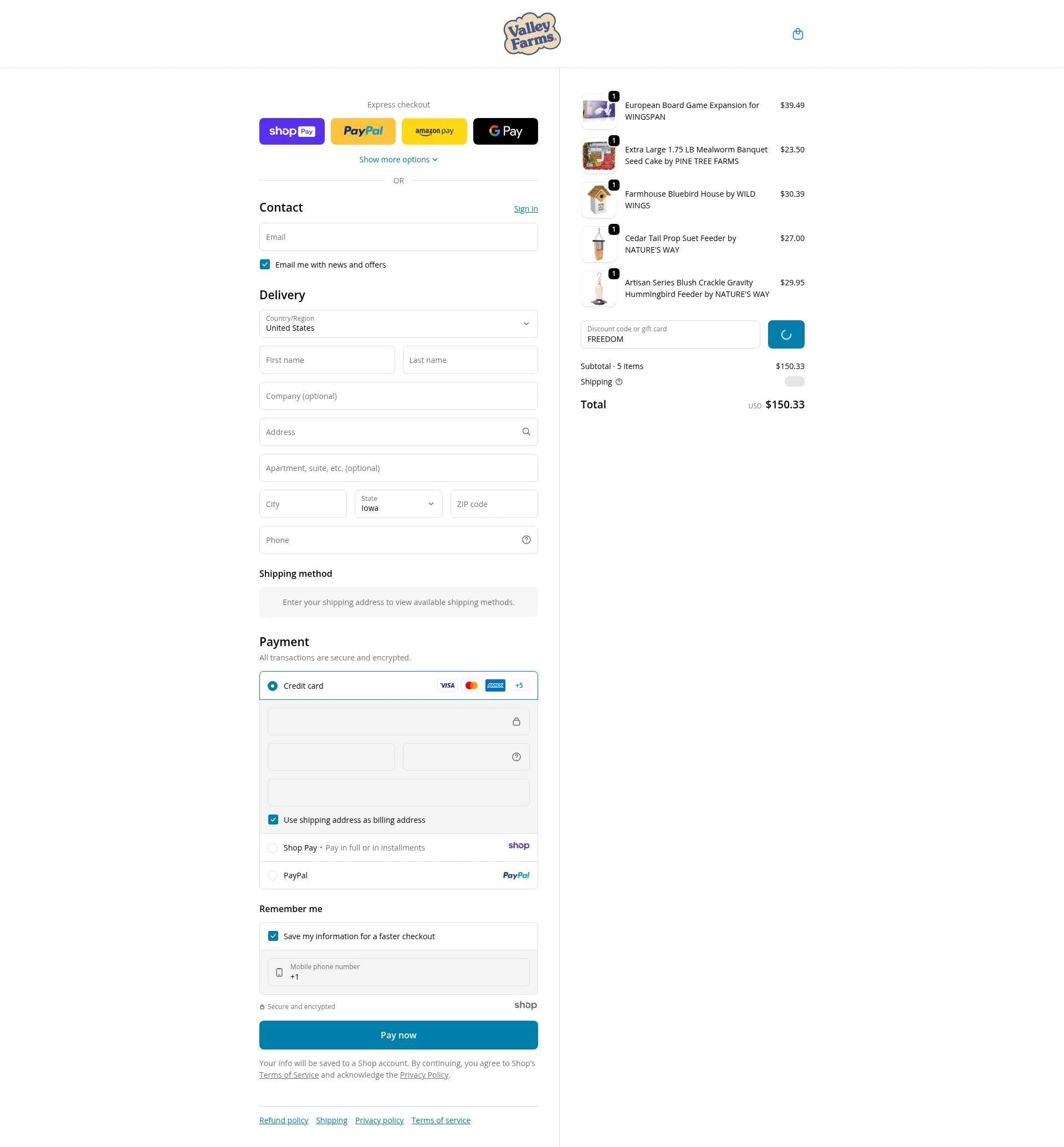 Valley Farms checkout page showing Valley Farms promo code box | Screenshot taken by SimplyCodes community member on Jan 12, 2026