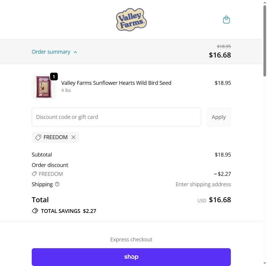 Valley Farms checkout page showing Valley Farms promo code box | Screenshot taken by SimplyCodes community member on Jan 19, 2026