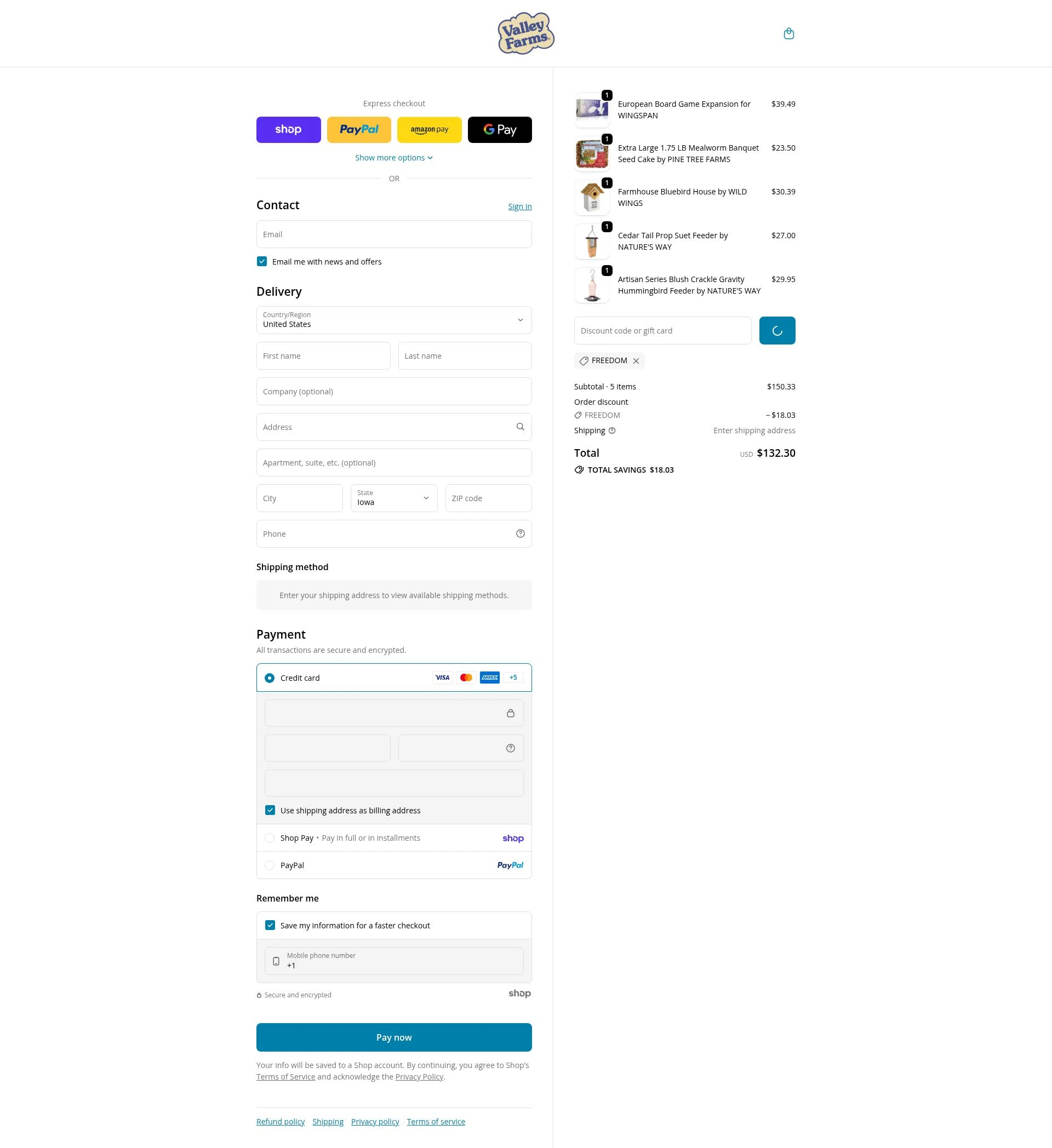 Valley Farms checkout page showing Valley Farms promo code box | Screenshot taken by SimplyCodes community member on Jan 22, 2026