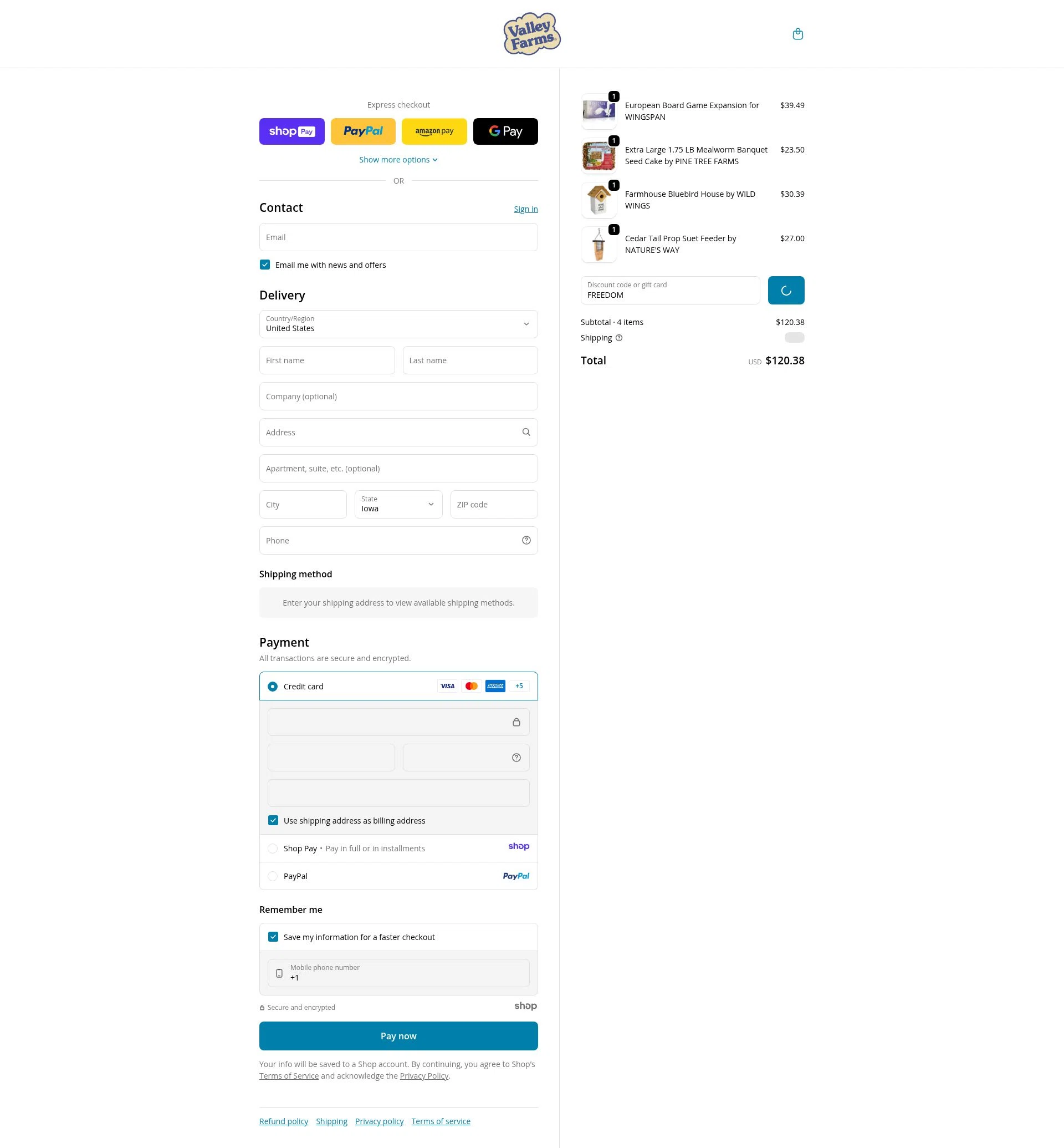 Valley Farms checkout page showing Valley Farms promo code box | Screenshot taken by SimplyCodes community member on Jan 7, 2026