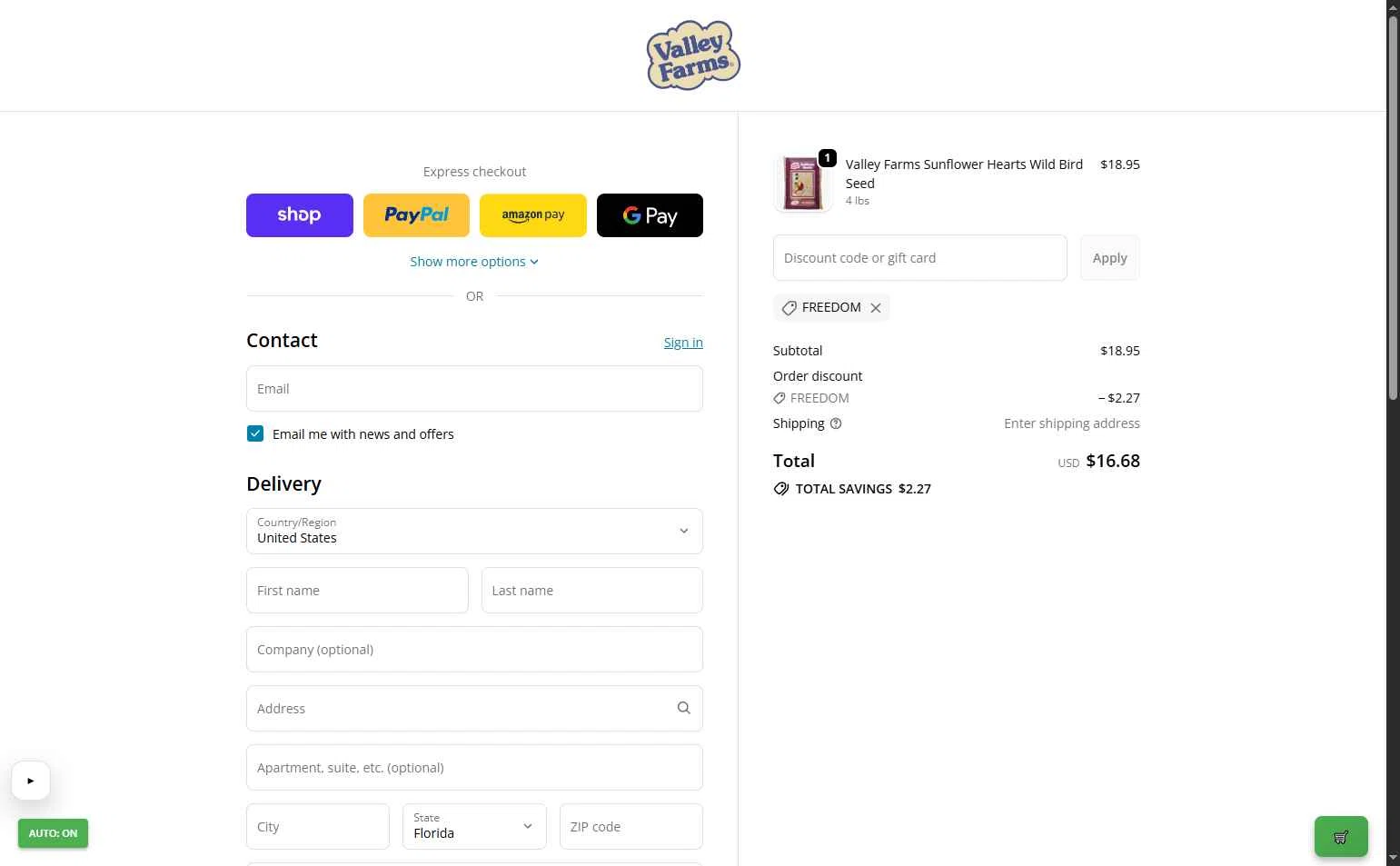 Valley Farms checkout page showing Valley Farms promo code box | Screenshot taken by SimplyCodes community member on Jan 7, 2026